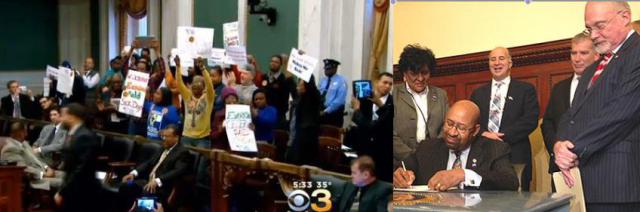 Labor activists cheer as Philly City Council passes paid sick-leave bill 14-2. Later, bill sponsor Councilman Bill Greenlee watches Mayor Michael Nutter sign a bill he twice vetoed earlier.