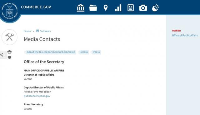 Image of the 'Media Contacts' page of the Trump Administration Commerce Department on March 22 over two months into Trump's presidency