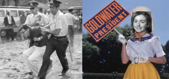 In 1963, Bernie Sanders was roughed up and busted by Chicago cops during a protest he organized against Chicago University segregated student housing. In 1964, Hillary Rodham (later Clinton) was a Goldwater girl (no photos are available so we made one)