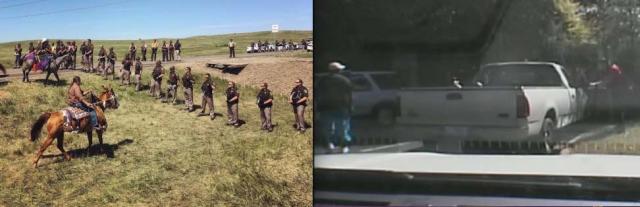 Sioux resistance continues at Standing Rock, ND (L) and image of Keith Scott at the moment he was shot dead by Charlotte NC police