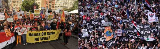 Impromptu anti-war demonstrations in New York (left) and London, and an outpouring of negative calls and mails to elected offici