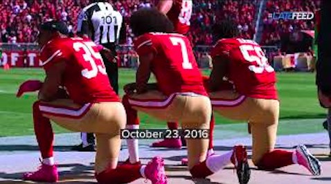 Colin Kaepernick (center) takes a knee in protest, loses his ability to play pro ball, but starts a movement