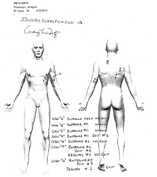 Diagram showing where an FBI agent's bullets hit slain interrogation subject Ibragim Todashev
