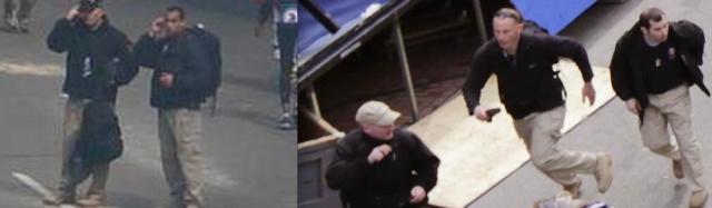Images of suspected Craft International security personnel before (l) and after (r) explosions at the marathon. Note similar attire and backpacks to what the Tsarnaev brothers had)