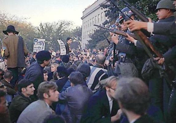 The author (lower right foreground of photo) early during the sit-down confrontation on the Mall of the Pentagon on Oct. 21, 1967