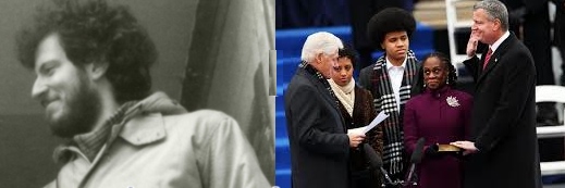 De Blasio as a Sandinista supporter in 1988, and with his family, being sworn in as New York's new mayor in 2014