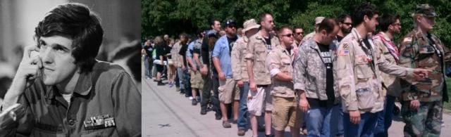 John Kerry (l) testifying at the Senate in '71 and Iraq/Afghan War vets lining up to return medals to NATO in Chicago