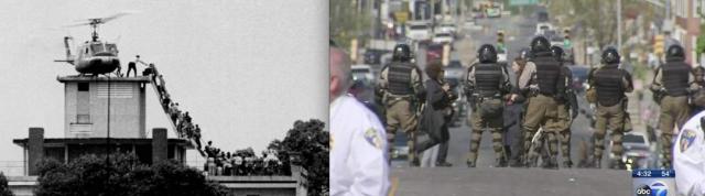 Final US retreat from the roof of the Embassy in Saigon in '75, and Guard troops on a Baltimore street, 2015