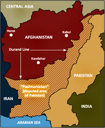 The disputed Pashtun lands in Pakistan. The area centered around Kandahar in Afghanistan is the Afghan part of Pashtunistan