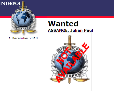 The Interpol Red Alert page on Assange. Curiously, the agency couldn't find a photo to accompany the alert.