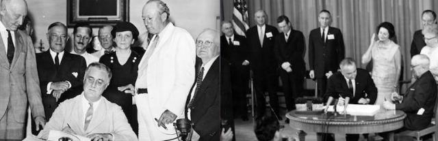 President Roosevelt signs the Social Security Act (1935) and President Johnson signs the Medicare Act (1965)