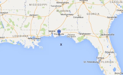 X marks the spot at 70 miles offshore where a Russian ship would be if it were as close to Pensacoula as the Cook was to Kaliningrad