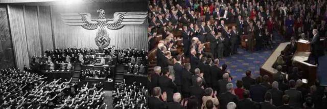 Two images, two legislatures, two speeches, same ugly reality