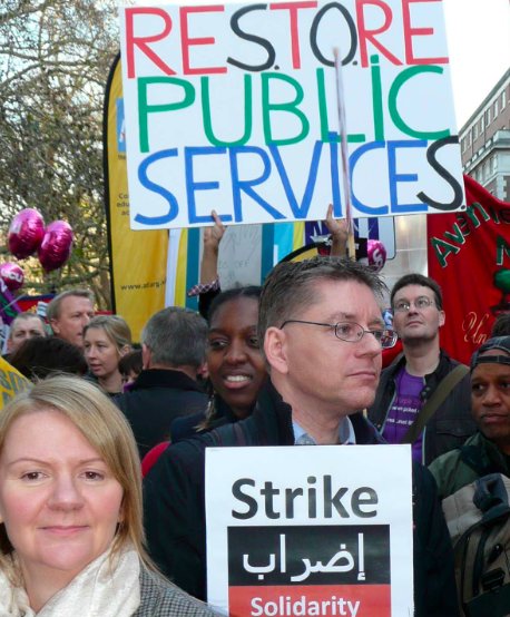 Public workers prepare to march through Central London in Wednesday's UK General Strike (photos by Washington)