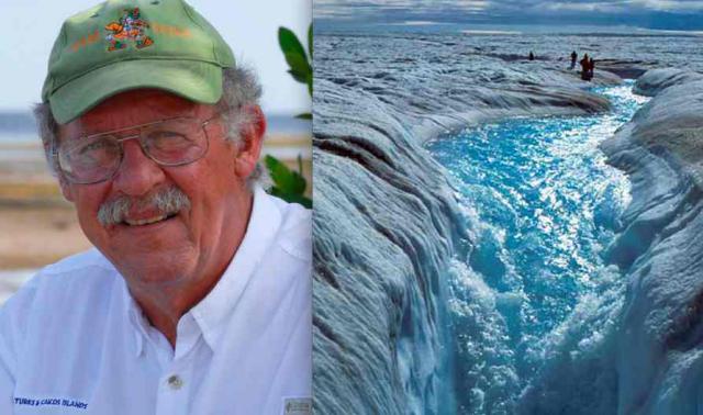 Miami University's Prof. Harold Wanless, and a view of Greenland's ice melt, showing how dirty the survacethat huge ice sheet is