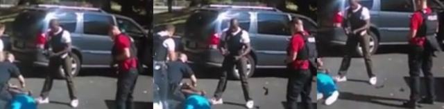 Sequence of still images from video taken on a cellphone by Keith Scott' wife show his killer, officer Brentley Vinson, tossing (perhaps a gun?) onto the pavement near his dying victim (MSNBC video)