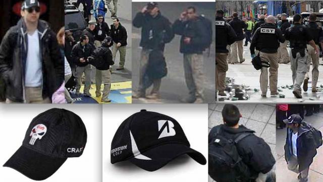 The resemblance of the coat, pants, hats and even backpacks between Tarmelan Tsarnaev (left top and far lower right)